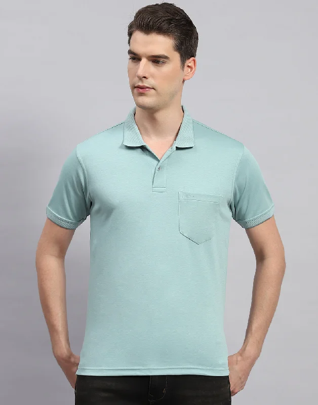 Men's cozy fit t-shirt-Men Sea Green Solid Collar Neck Half Sleeve T-Shirt