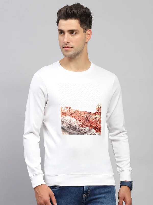 Men's work sweatshirt-Men White Printed Round Neck Full Sleeve Sweatshirt