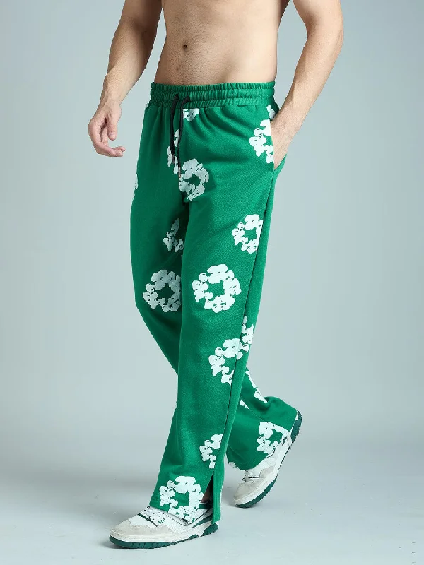 mens clean-cut slacks-Green Floral Boot Cut Trackpants