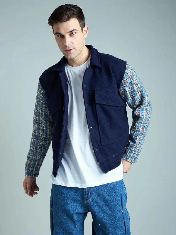 Men's modern leather jacket-Navy Checkered Aviator Jacket