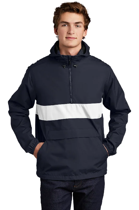 Men's versatile trench coat-Sport-Tek Mens Hooded 1/4 Zip Jacket - True Navy Blue/White