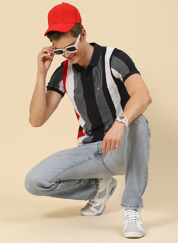 Men's versatile wear t-shirt-Men NAvy Blue Stripe T-Shirt