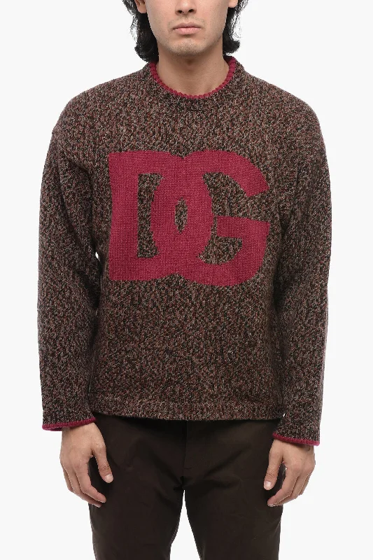 Men's regular fit sweatshirt-Dolce & Gabbana Crew Neck Wool Blend Pullover with Jacquard Logo