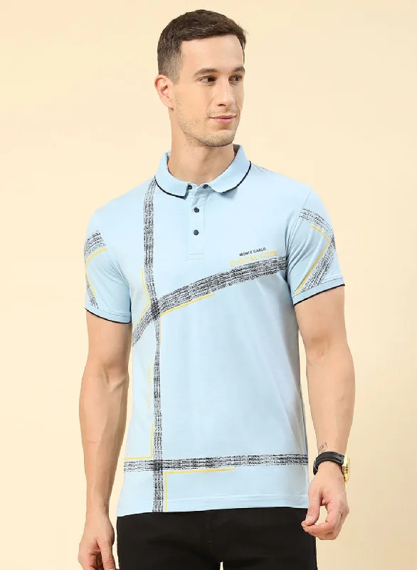 Men's wrinkle-resistant casual t-shirt-Men Blue Printed T-Shirt