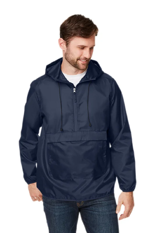 Men's relaxed fit rain jacket-Team 365 Mens Zone Protect Water Resistant Hooded Packable Hooded 1/4 Zip Anorak Jacket - Dark Navy Blue