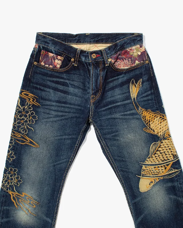 mens comfy joggers-Japanese Repro Denim Jeans, Eternal, Koi Fish and Sakura Embroidery - 31