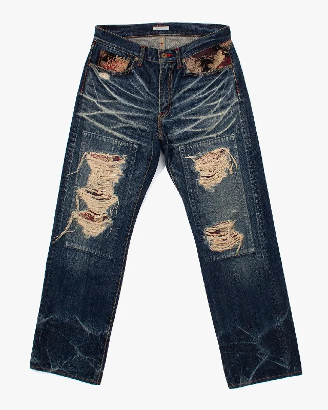 mens moisture-wicking joggers-Japanese Repro Denim Jeans, Eternal, Floral Lining with Distressing - 30