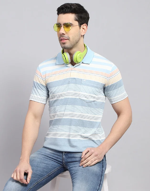 Men's tailored fit t-shirt-Men Blue Stripe Polo Collar Half Sleeve T-Shirt