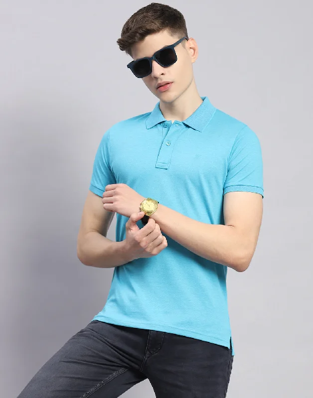 Men's wrinkle-resistant casual t-shirt-Men Blue Solid Polo Collar Half Sleeve T-Shirt