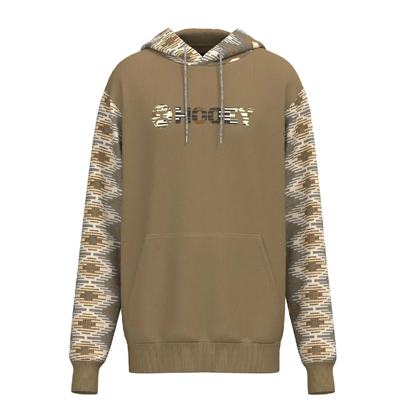 Men's weatherproof workout hoodie-Hooey Men's "Lock-Up" Tan Hoodie With Aztec Pattern Sleeves