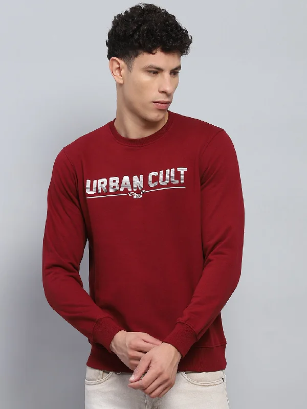 Men's construction sweatshirt-Men Maroon Printed Round Neck Full Sleeve Sweatshirt