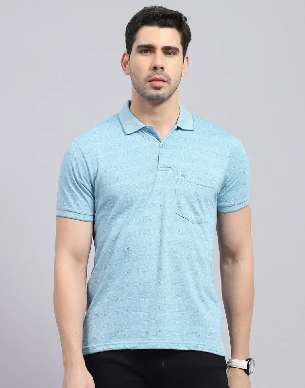 Men's quick-wicking t-shirt-Men Blue Printed Polo Collar Half Sleeve T-Shirt