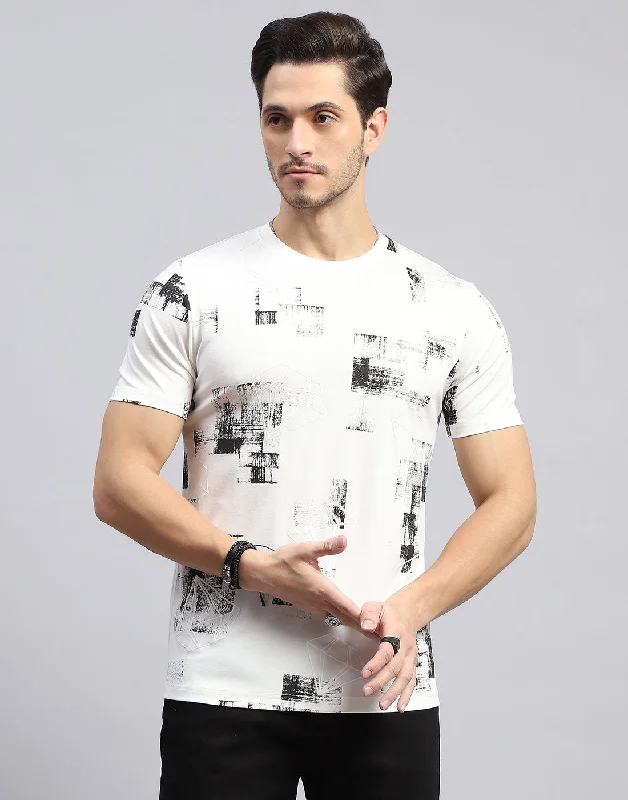 Men's classic style t-shirt-Men Off White Printed Round Neck Half Sleeve T-Shirt