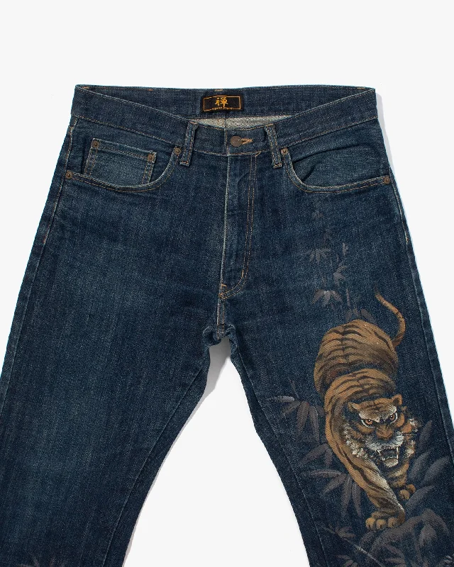 mens sleek slacks-Japanese Repro Denim Jeans, Zen Clothing, Hand Painted Tiger and Bamboo - 33