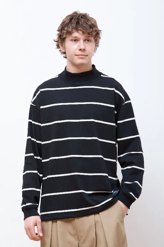 Men's weekend casual t-shirt-Striped Drawstring Mockneck Black/Off-White