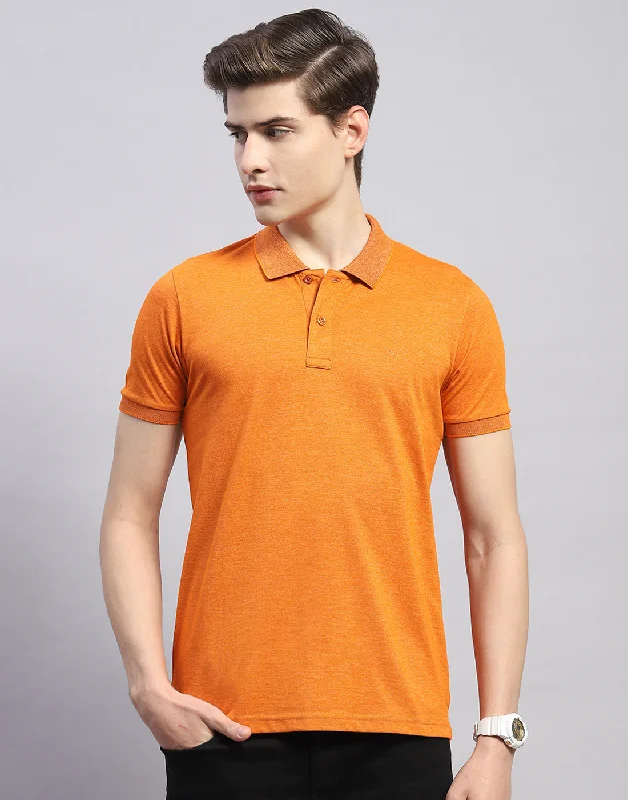 Men's double-layer t-shirt-Men Orange Solid Polo Collar Half Sleeve T-Shirt