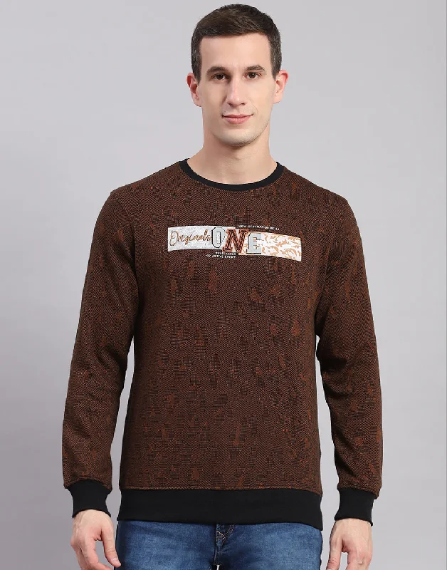 Men's active sweatshirt-Men Brown Self Design Round Neck Full Sleeve Sweatshirts