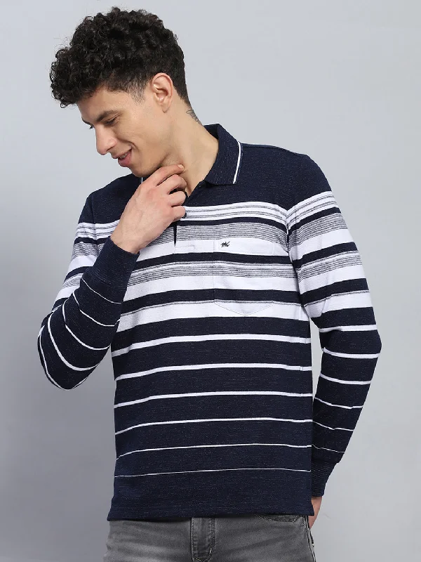 Men's smart technology t-shirt-Men Navy Blue Stripe Collar Full Sleeve Winter T-Shirt