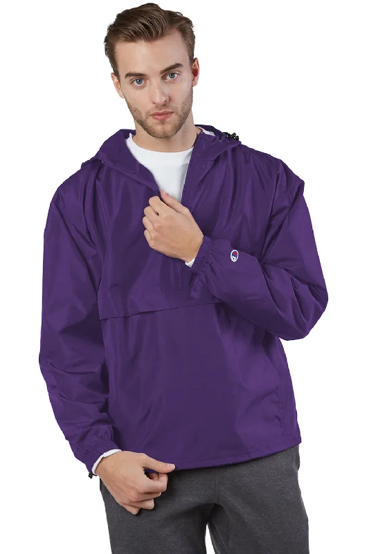 Men's adventure-ready windbreaker-Champion Mens Packable Wind & Water Resistant Anorak 1/4 Zip Hooded Jacket - Ravens Purple