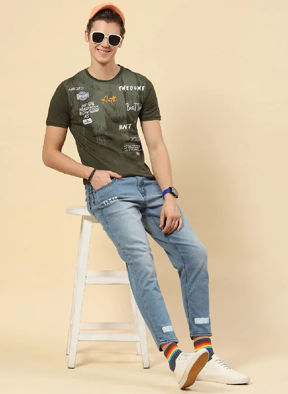 Men's street smart t-shirt-Men Olive Printed T-Shirt