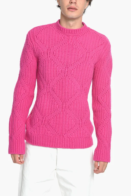 Men's budget sweatshirt-Valentino PINK PP Crew Neck Wool Pullover with Diamond Pattern