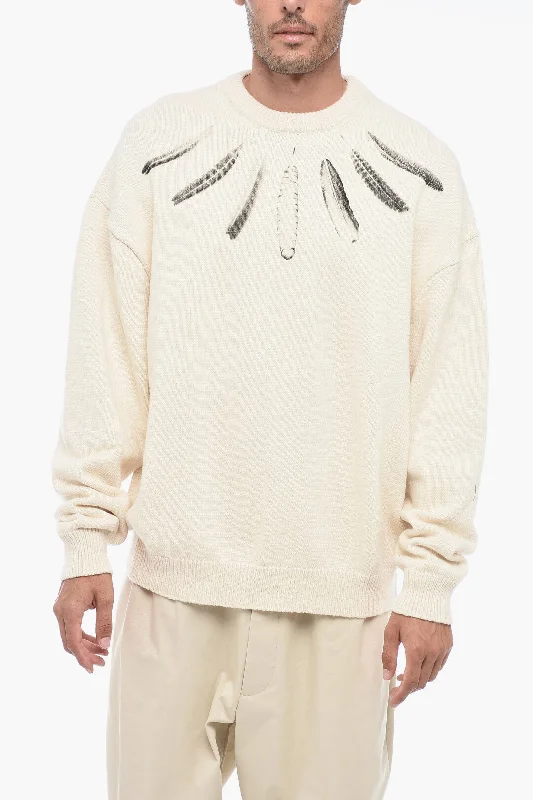 Men's thermal knit-Marcelo Burlon Crew Neck WIND FEATHERS Cotton Sweater with Print