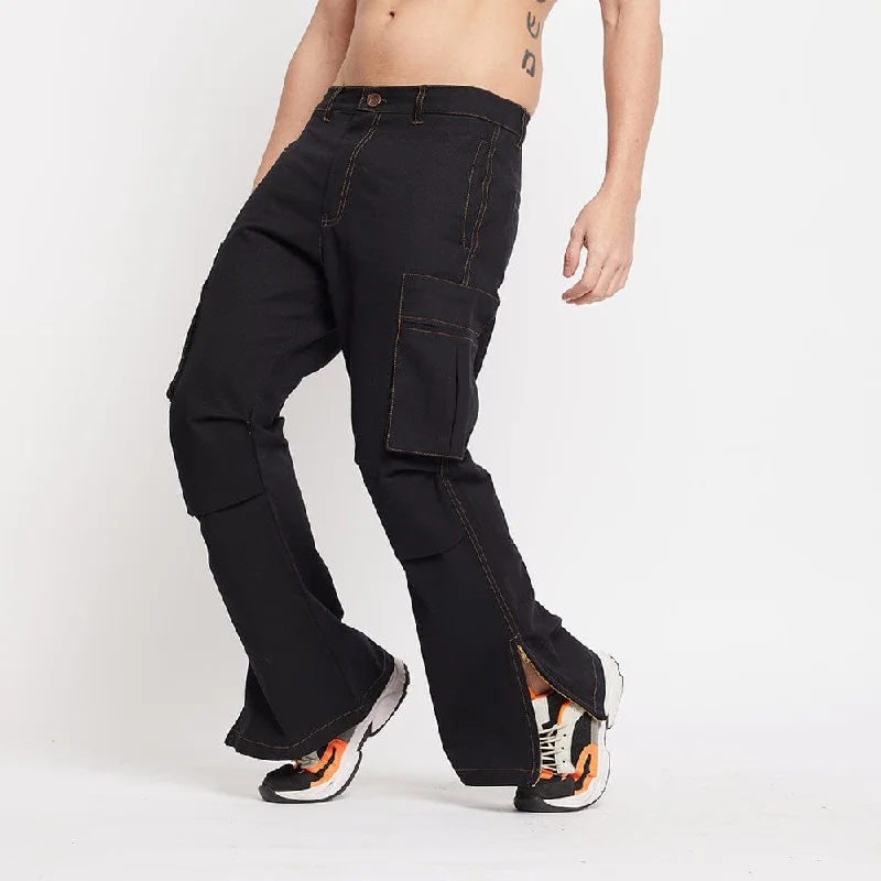 mens high-rise jeans-Black Twill Flared Cargo Pants