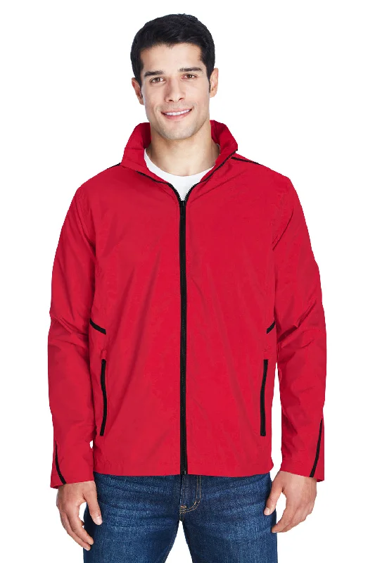 Men's eco-conscious rain jacket-Team 365 Mens Conquest Wind & Water Resistant Full Zip Hooded Jacket - Red