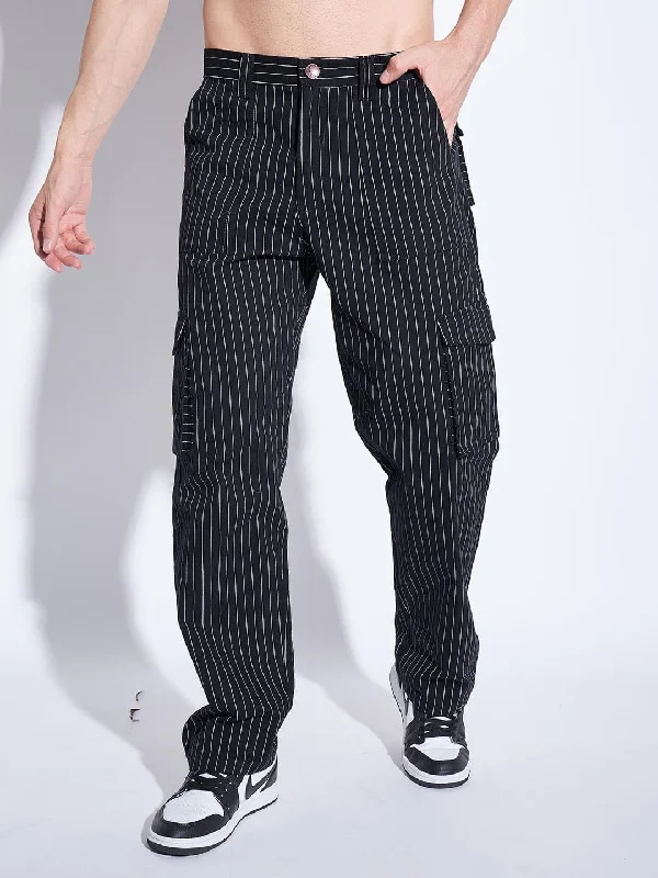 mens foldable joggers-Black Pin Striped Cargo Pants