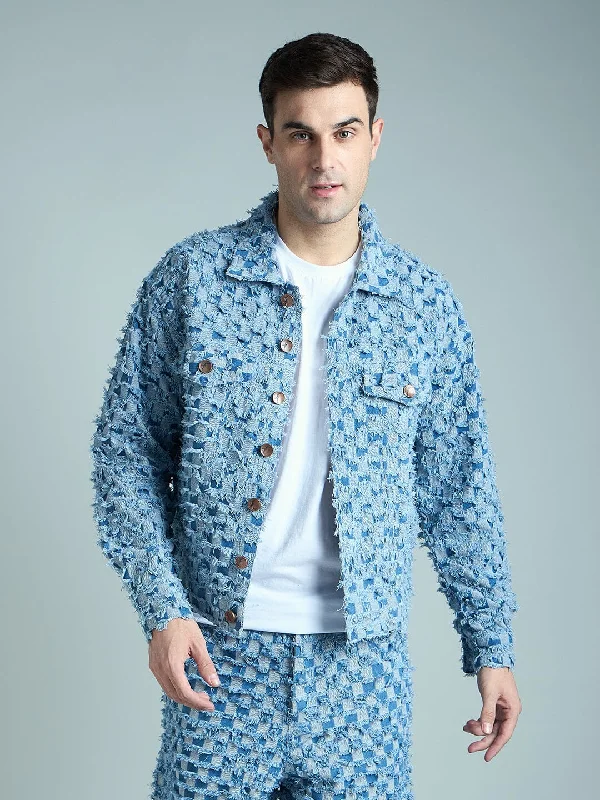 Men's non-iron field jacket-Blue Frayed Jacquard Cropped Denim Jacket