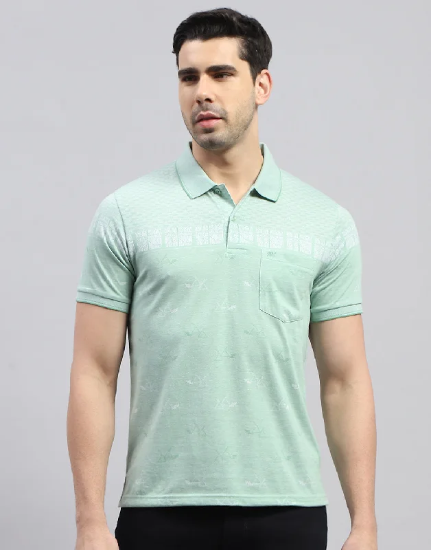 Men's double-layer t-shirt-Men Green Printed Polo Collar Half Sleeve T-Shirt